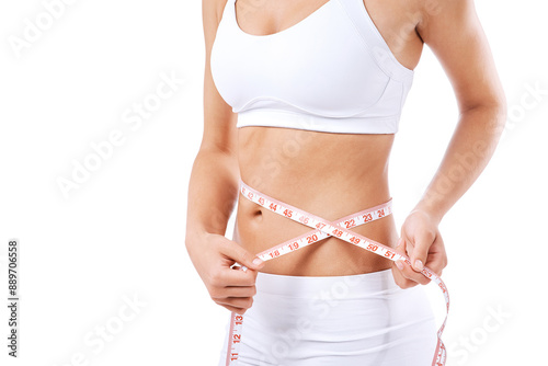 Girl, lingerie and measuring tape on waist for fitness, weight loss and diet in white background. Female person, self esteem and wellness for mental health, goal and confidence with figure in studio