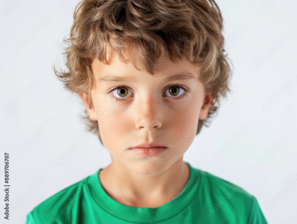 A curious young boy looks directly into the camera, wearing a bright green shirt A curious young boy looks directly into the camera, wearing a bright green shirt