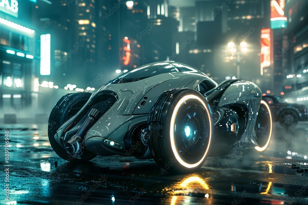 Futuristic Cyberpunk Car with Neon Lights in a Rainy Night Cityscape
