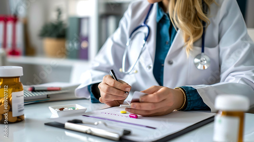 Female doctor Endocrinologist prescribing medicine in an office photo