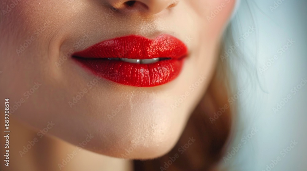 Close-up of Caucasian woman with red lipstick and smooth skin. Concept of beauty, makeup, cosmetics, skincare Close-up of Caucasian woman with red lipstick and smooth skin. Concept of beauty, makeup, cosmetics, skincare