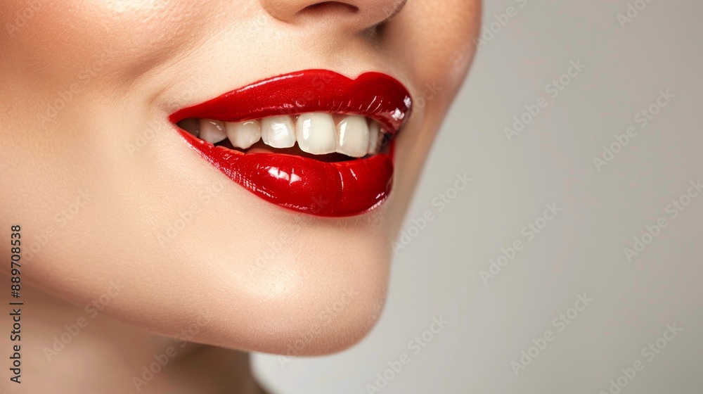 Obraz premium Close-up of Caucasian woman with red lipstick and smooth skin. Concept of beauty, makeup, cosmetics, skincare