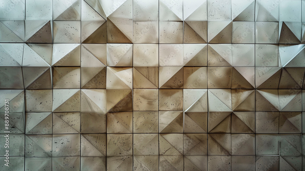 Geometric wall design with metallic tones and textured surface, featuring an abstract pattern of pyramidal shapes Geometric wall design with metallic tones and textured surface, featuring an abstract pattern of pyramidal shapes