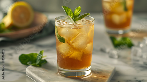 tall glass of sweet iced tea, garnished with fresh mint leaves and lemon slices on the rim