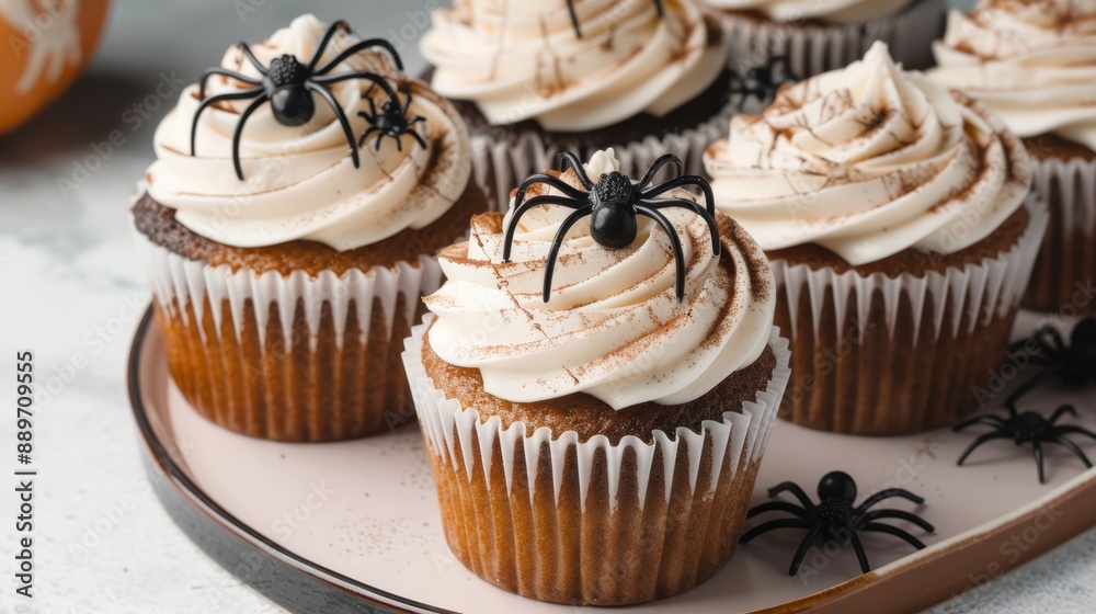A batch of cupcakes decorated with spiderweb icing and candy spiders, arranged on a Halloween-themed platter, high-resolution photo, realistic photo