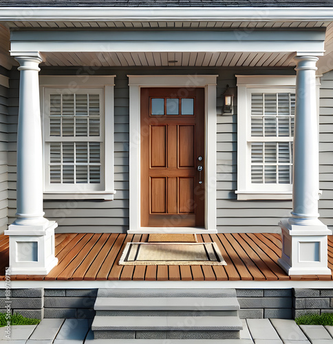 A modern front porch with a wooden door, flanked by white columns and two windows with shutters, features a neatly placed welcome mat and steps leading up to the entrance.