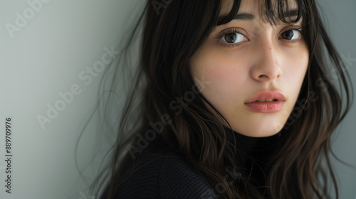 Indonesian beauty with long hair, with bangs and black top, Hair model photo, Sophisticated style. natural expressions, asian face model