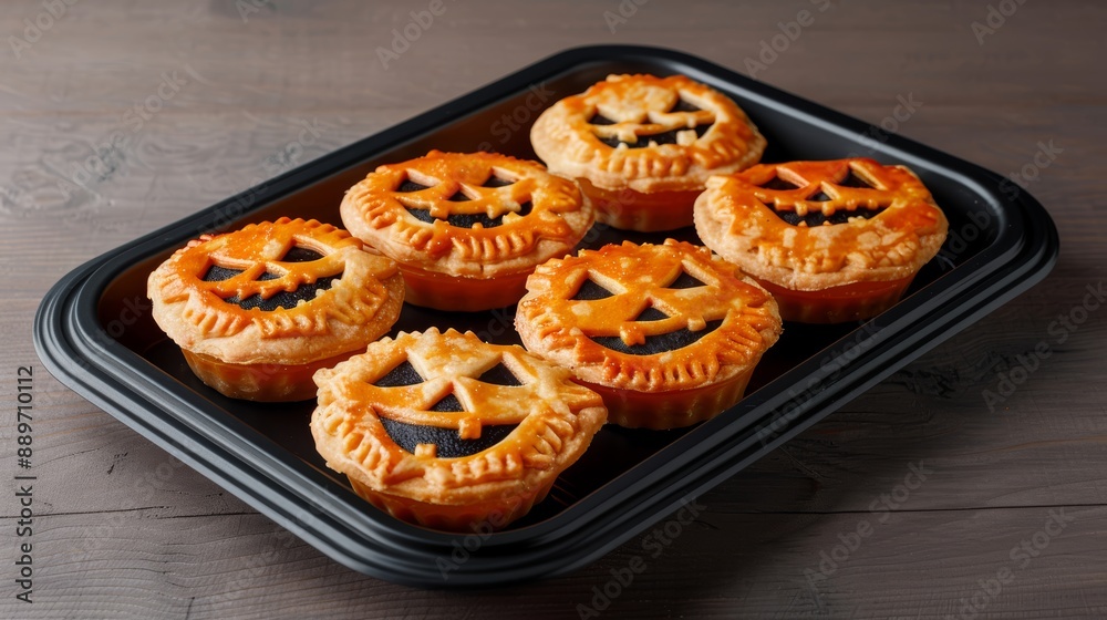 A batch of mini pumpkin pies with jack-o'-lantern faces, arranged on a festive platter, high-resolution photo, realistic photo A batch of mini pumpkin pies with jack-o'-lantern faces, arranged on a festive platter, high-resolution photo, realistic photo