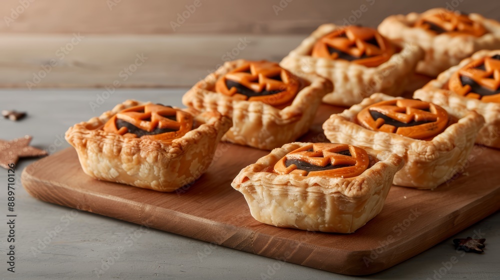 A batch of mini pumpkin pies with jack-o'-lantern faces, arranged on a festive platter, high-resolution photo, realistic photo A batch of mini pumpkin pies with jack-o'-lantern faces, arranged on a festive platter, high-resolution photo, realistic photo