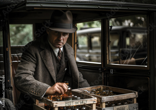 A 1920s bootlegger unloading crates of illegal liquor  photo