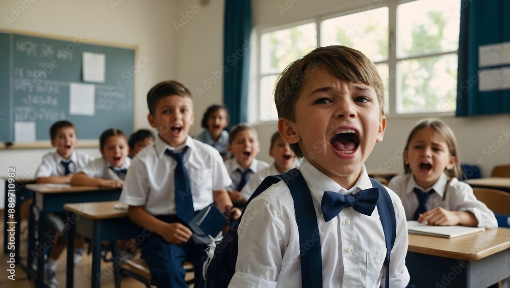 Young and cute boy student little child wearing a white shirt with a bow happiness in a classroom
Young and cute boy student little child wearing a white shirt with a bow happiness in a classroom
