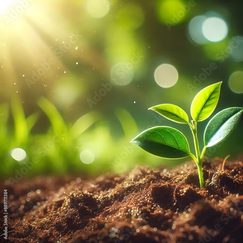 A small, vibrant green plant sprouting from the soil, illuminated by warm sunlight in a lush, blurred natural background