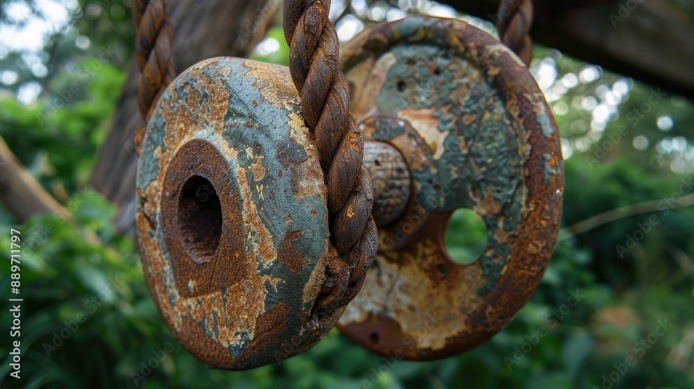 Wooden structure with rusty pulleys Wooden structure with rusty pulleys