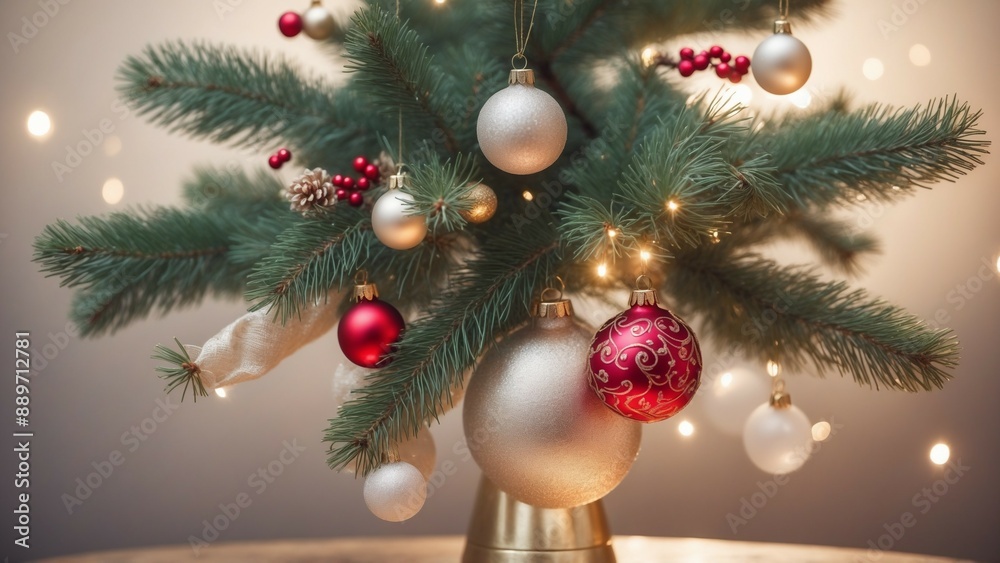 A beautiful Christmas tree with ornaments and lights, creating a festive atmosphere A beautiful Christmas tree with ornaments and lights, creating a festive atmosphere