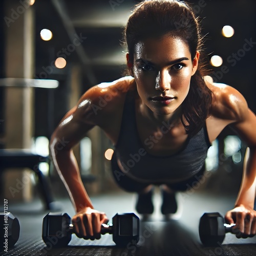 A determined woman in a gym performing push-ups with dumbbells, sweat glistening on her skin, against a blurred background.