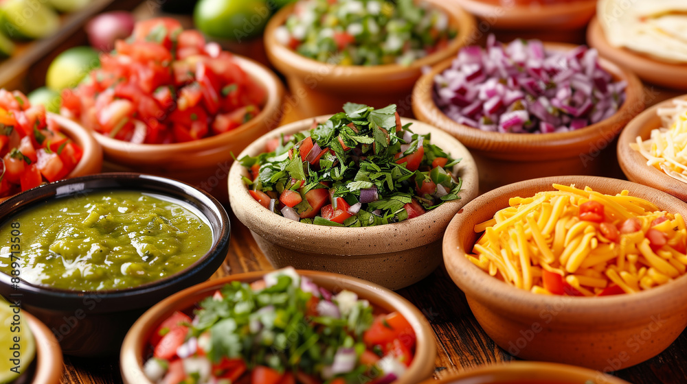 Gourmet taco spread with colorful salsas and toppings Gourmet taco spread with colorful salsas and toppings