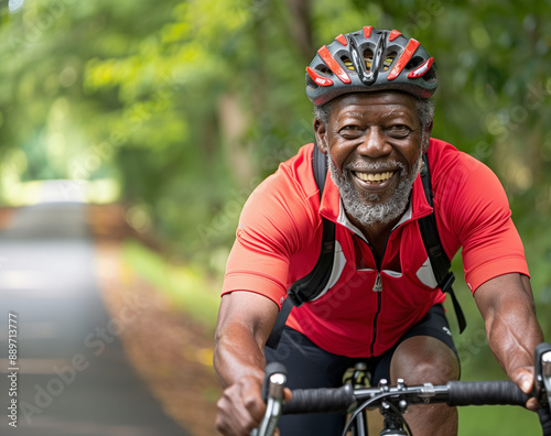 Joyful Elderly Black Man Riding Bicycle in Park. active old age.