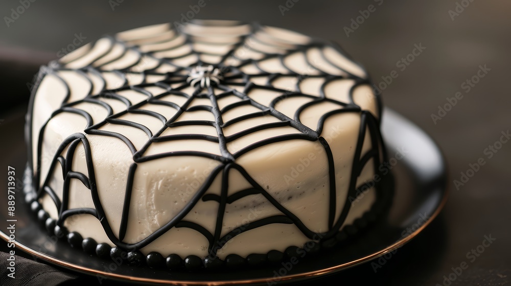 A close-up of a spiderweb cake with intricate black icing designs, on a dark dessert plate, high-resolution photo, realistic photo A close-up of a spiderweb cake with intricate black icing designs, on a dark dessert plate, high-resolution photo, realistic photo