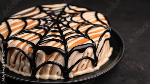 A close-up of a spiderweb cake with intricate black icing designs, on a dark dessert plate, high-resolution photo, realistic photo photo