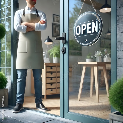 A person wearing an apron stands with arms crossed outside a modern storefront with a large "OPEN" sign hanging on the glass door