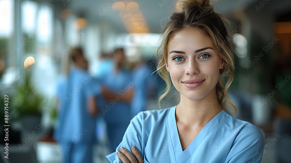 Portrait of young woman nurse at hospital corridor Portrait of young woman nurse at hospital corridor