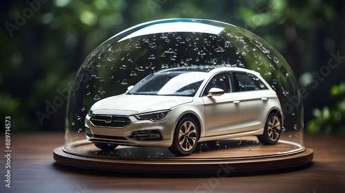 A car protected under a glass dome bubble. Car insurance concept. photo