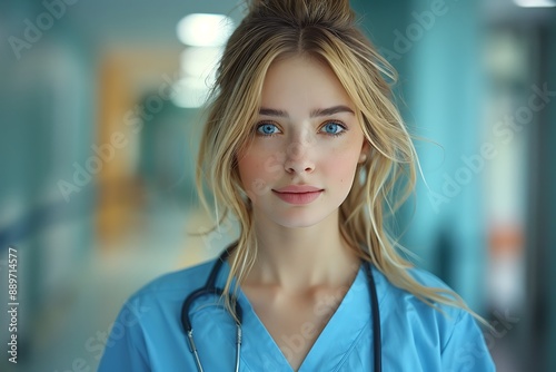 Portrait of young woman nurse at hospital corridor