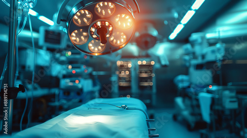 Modern operating room with advanced surgical equipment, lighting, and technology in a sterile and professional medical environment.