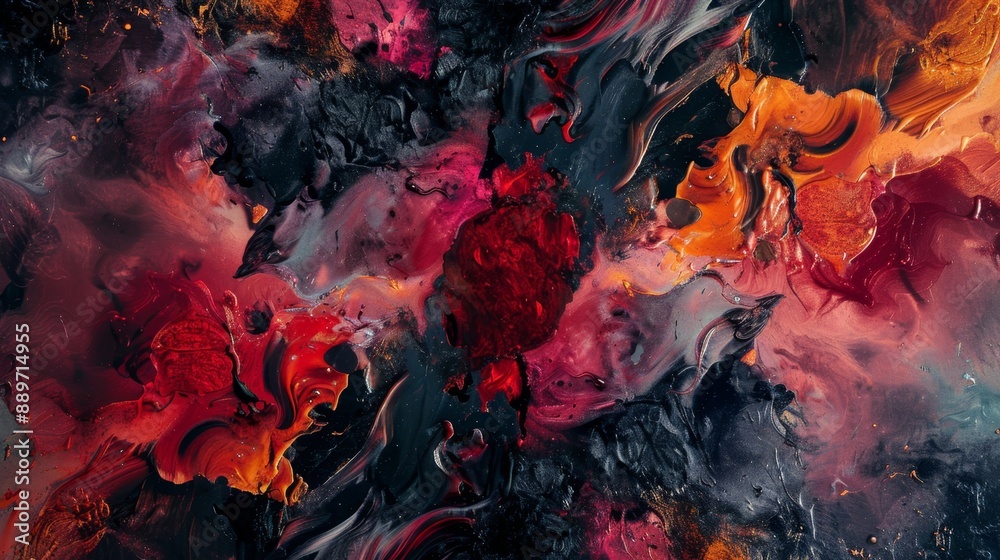 Fototapeta premium A captivating abstract fluid art painting with dynamic swirls of red, black, and orange hues.