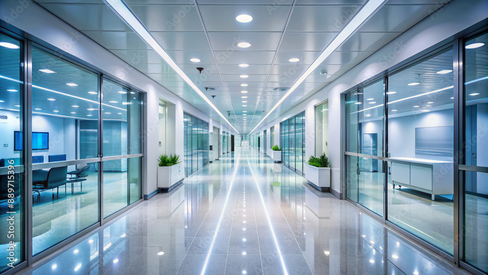 Sparkling-clean hospital corridor with glass walls, modern LED lighting, and sleek architecture, creating a sterile and futuristic ambiance for medical and healthcare environments. Sparkling-clean hospital corridor with glass walls, modern LED lighting, and sleek architecture, creating a sterile and futuristic ambiance for medical and healthcare environments.