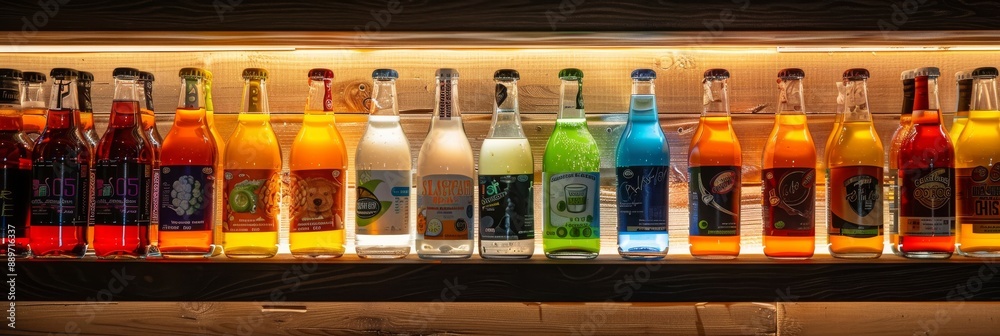 A collection of bottled beverages are displayed on a backlit shelf, showcasing their vibrant colors and labels. The bottles are arranged neatly, creating a visually appealing display A collection of bottled beverages are displayed on a backlit shelf, showcasing their vibrant colors and labels. The bottles are arranged neatly, creating a visually appealing display
