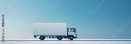 A white delivery truck drives on a bright, clear day with a plain, blue sky in the background. The truck's side is blank, ready for branding and advertising designs photo