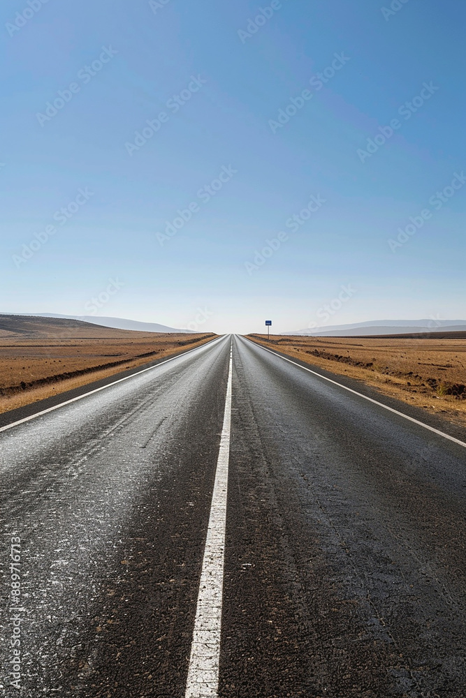A long, empty road with a blue sky above