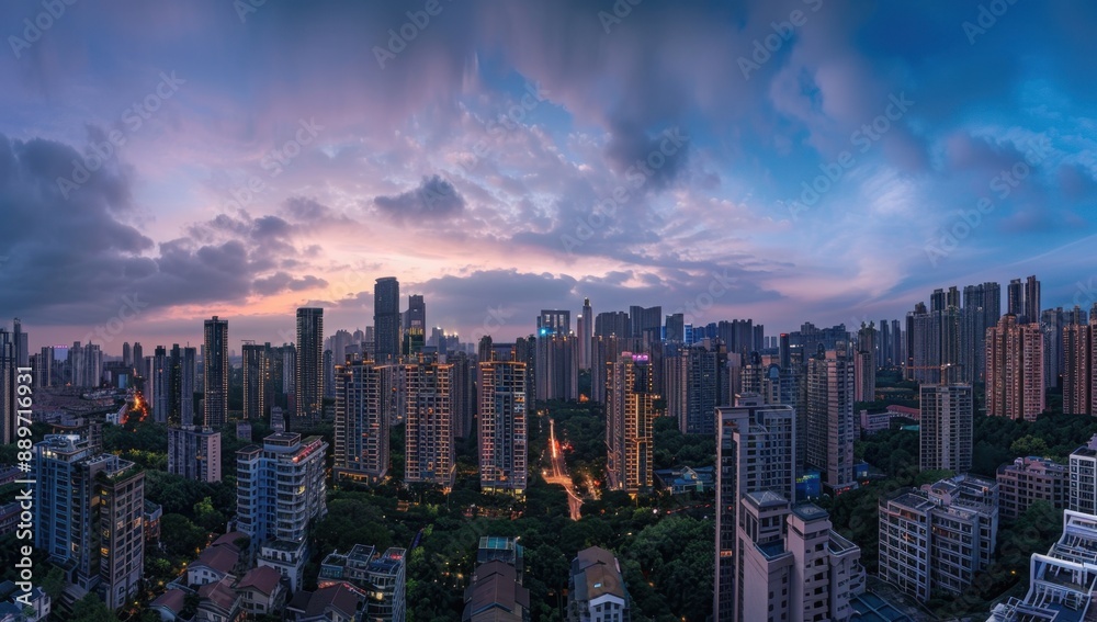 Obraz premium A panoramic view of the city skyline at dusk, showcasing high-rise buildings and modern architecture against a blue sky with soft lighting Generative AI