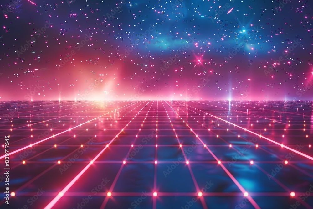 Universe Retro Futuristic 80's Background 4K. Synthwave wireframe net grid. Abstract digital background. 80s, 90s Retro futurism, Retro wave cyber grid. Deep space surfaces. Neon glow, Generative AI