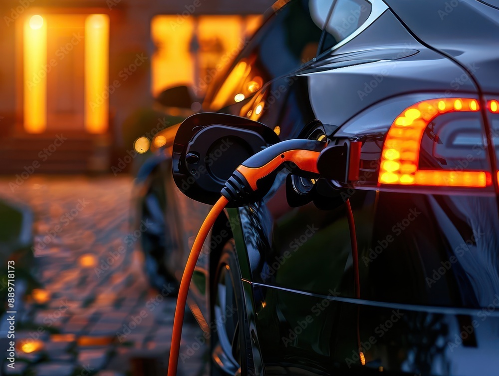 Charging an electric vehicle at home, closeup on the connection point, green technology in everyday life Charging an electric vehicle at home, closeup on the connection point, green technology in everyday life