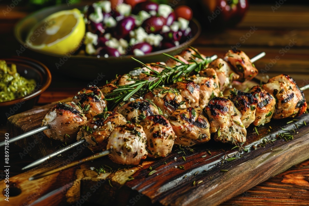 Grilled Chicken Skewers with Grape and Feta Salad on Rustic Wooden Board - Gourmet Food Presentation Grilled Chicken Skewers with Grape and Feta Salad on Rustic Wooden Board - Gourmet Food Presentation