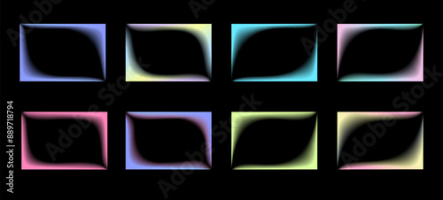 Collection of transparent rectangular gradient frames with wavy inner borders. Set of retro frames with blur. Vector illustration on black background