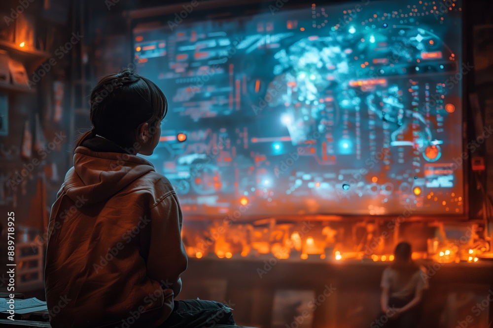 Young Woman Gazes at Futuristic World Map Displayed on Large Screen in Dimly Lit Room Young Woman Gazes at Futuristic World Map Displayed on Large Screen in Dimly Lit Room