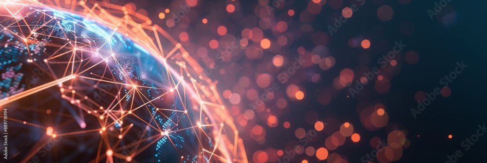 3D holographic globe in blue and orange, with glowing lines and dots showing global connectivity. Bokeh effect background in dark blue, red, and orange 3D holographic globe in blue and orange, with glowing lines and dots showing global connectivity. Bokeh effect background in dark blue, red, and orange