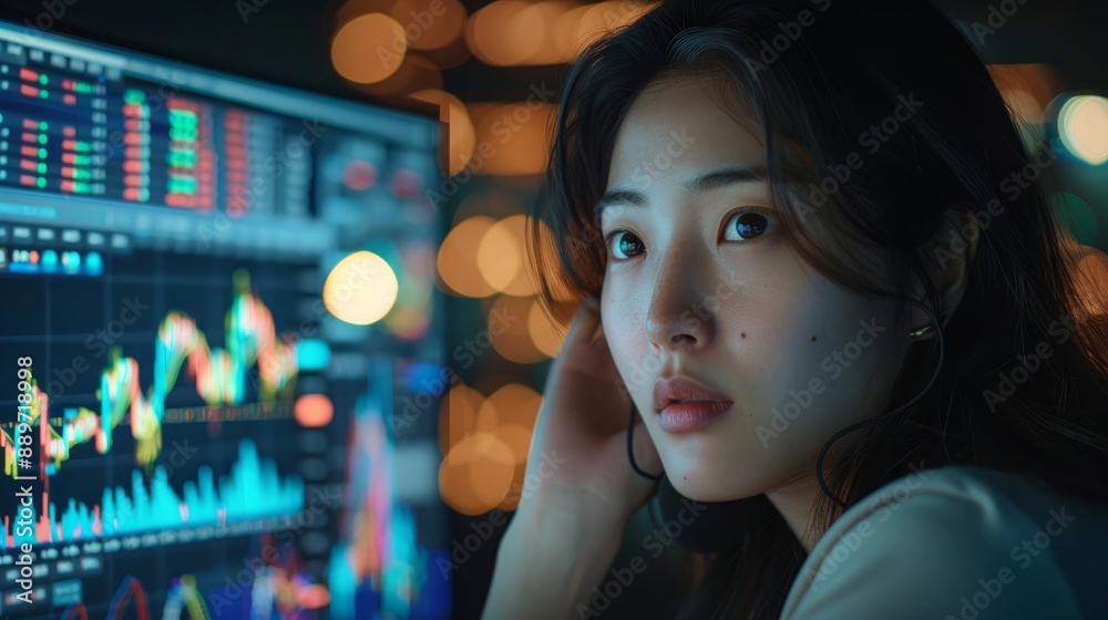 Female Stock Exchange Banker Working on a Desktop Computer with Real-Time Stocks, Commodities and Securities Market Charts. Professional Asian Investor Talking on a Mic with Business, Generative AI Female Stock Exchange Banker Working on a Desktop Computer with Real-Time Stocks, Commodities and Securities Market Charts. Professional Asian Investor Talking on a Mic with Business, Generative AI