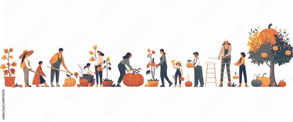 illustration of people harvesting pumpkins and gardening during autumn illustration of people harvesting pumpkins and gardening during autumn