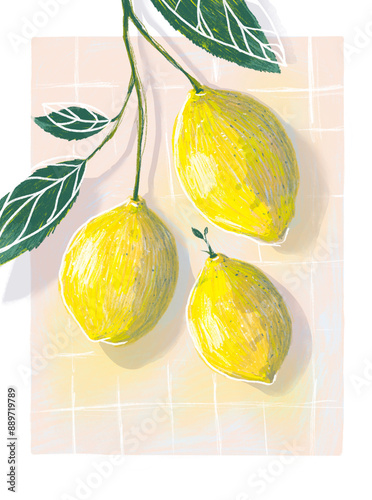 Vibrant Lemon Pencil Illustration with Leaves Poster   photo