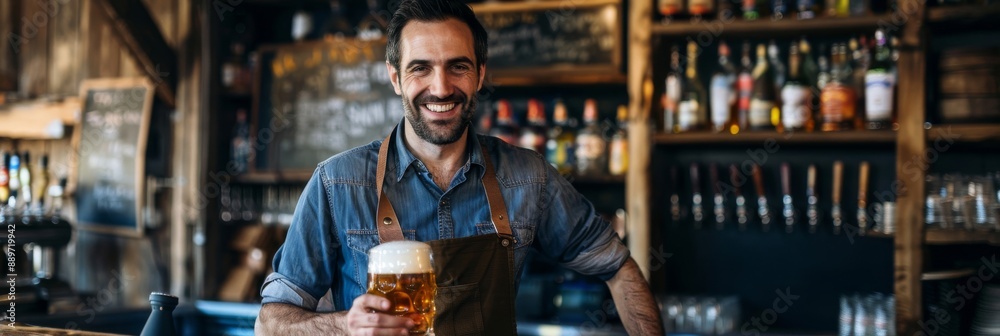 A smiling man wearing an apron and a blue shirt stands behind a rustic bar counter, holding a pint of frothy beer A smiling man wearing an apron and a blue shirt stands behind a rustic bar counter, holding a pint of frothy beer