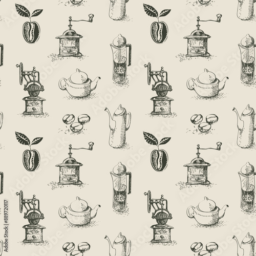 Hand-drawn seamless pattern on the theme of tea and coffee. Vector repeatable background with sketches on white backdrop in vintage style. Suitable for retro wallpaper, wrapping paper, fabric