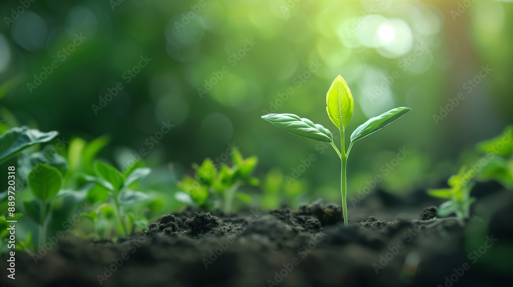 Detailed View of a Young Seedling Sprouting in Rich Soil, Bathed in Morning Sunlight Detailed View of a Young Seedling Sprouting in Rich Soil, Bathed in Morning Sunlight