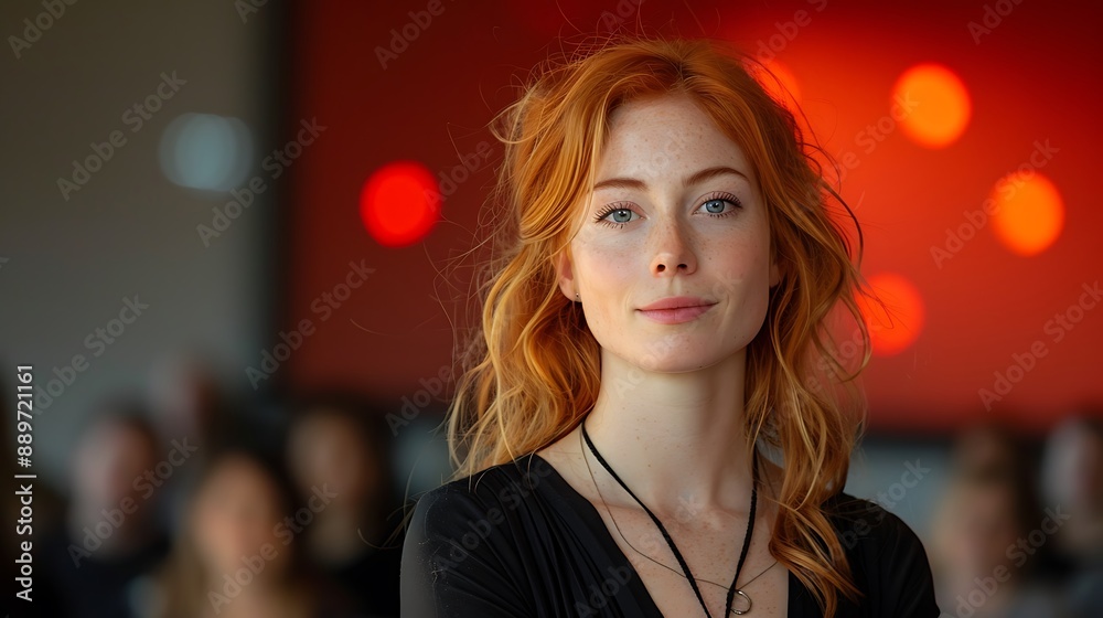 Naklejka premium Redhead ginger caucasian businesswoman delivering a powerful keynote address at a conference standing on stage with confidence addressing a diverse audience with her insights in the business world 