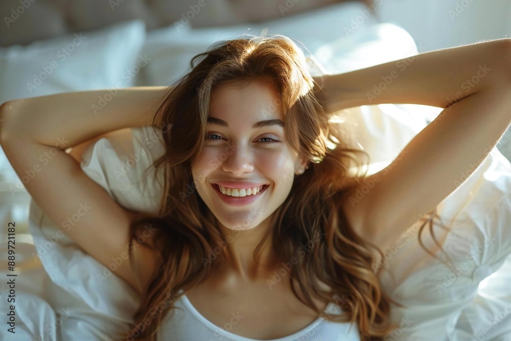 Fototapeta premium young happy woman stretching her arms on bed in bedroom, celebrating the beginning of a new day.