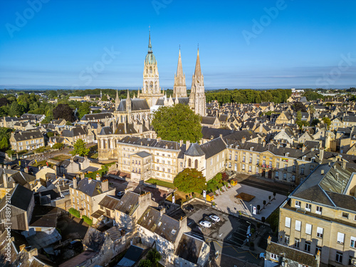 Konstfotografi The drone aerial view of Bayeux Cathedral, also known as Cathedral of Our Lady of Bayeux is a Roman Catholic church located in the town of Bayeux in Normandy, France