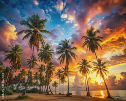 Serene tropical beach landscape featuring palm trees and coconut trees basking in warm sunlight, set against a vibrant sunset sky with abstract clouds and vintage tone.